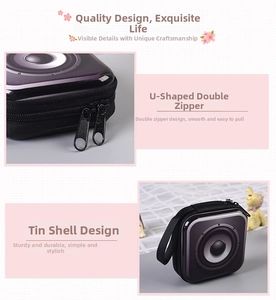 Detail of square tinplate storage case with speaker pattern and dual U-shaped zippers