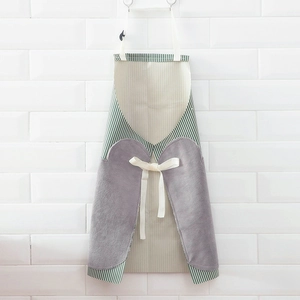Waterproof kitchen apron with green beige stripes and gray coral fleece hand towels