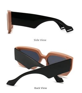 Detailed side and back view of retro square sunglasses with thick pink frames and black temples
