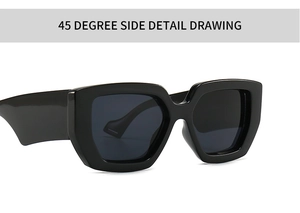 Detail view of large square black sunglasses frame showing 45-degree side hinge quality