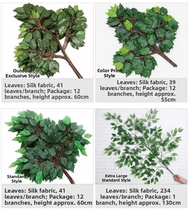 Detail of silk green ficus leaves showing size variations and realistic plant textures