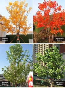Detail view of artificial ginkgo, maple, mango and magnolia leaves for landscaping