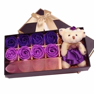 Purple soap rose gift box with 12 gradient flowers and a cute plush teddy bear
