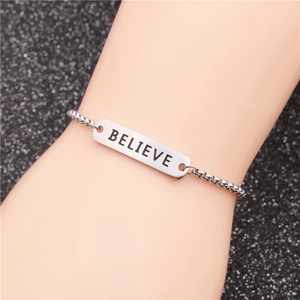 Adjustable silver stainless steel bead bracelet featuring an engraved BELIEVE metal plate