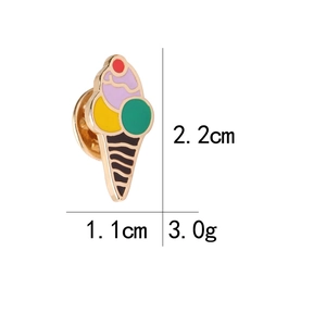 Detail view of colorful ice cream cone enamel pin with size and weight dimensions