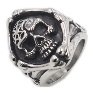 Detail of vintage punk skull ring with spider web and skeleton motifs in silver finish