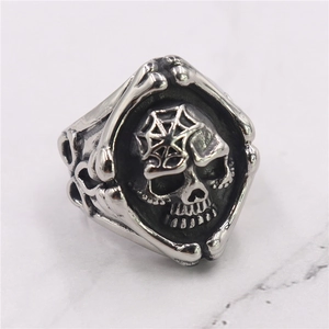Macro detail of gothic skull ring with spider web engraving and antique silver finish