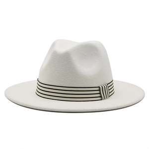 Classic white wool jazz fedora hat with black and white striped ribbon band for women