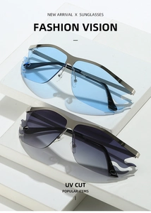 Detail of flame-shaped lenses in blue and grey with UV protection and metal frames