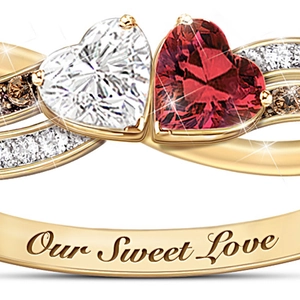 Golden heart double stone ring with Our Sweet Love engraving and crystal accents