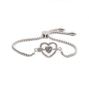 Verstellbares silbernes Edelstahl-Kugelarmband mit bunten Edelstein-Herzanhängern