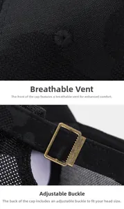 Detail view of breathable mesh crown and adjustable metal buckle on black baseball cap