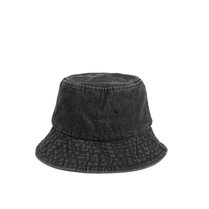 Detail of black washed denim bucket hat showing fabric texture and sturdy stitching