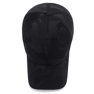 Unisex black camouflage mesh trucker hat with breathable fabric for outdoor sports