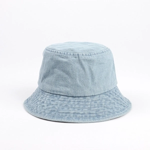 Detail view of light blue washed denim bucket hat with reinforced brim stitching