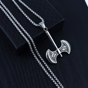 Mens stainless steel double-headed axe pendant necklace on box chain with jewelry box