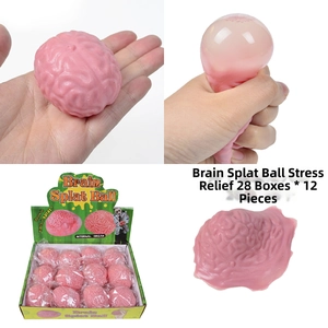 Pink brain splat ball stress relief toy with hand squeezing demo and bulk box packaging