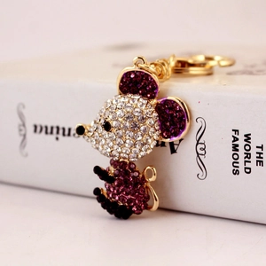Sparkling crystal mouse keychain with purple and transparent rhinestones on metal base