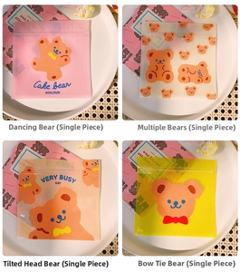 Detail view of four cute cartoon bear food sealing bags for cookies and snacks