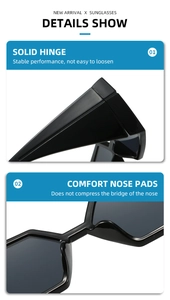 Détails des charnières métalliques et des plaquettes de nez pour lunettes de soleil carrées