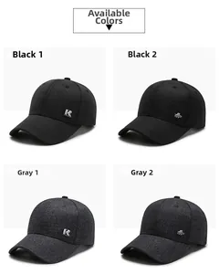 Detail view of four casual baseball cap styles in black and grey for men