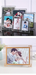 Close-up of elegant silver and gold crystal glass photo frames for tabletop display