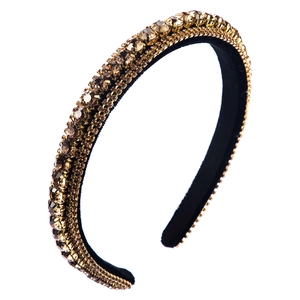 Luxury Baroque rhinestone headband featuring three rows of amber crystals and gold accents
