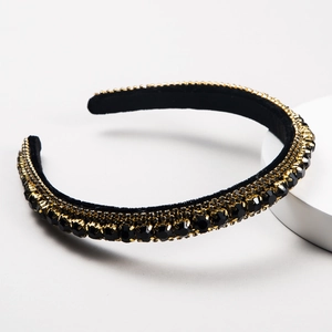 Luxury Baroque rhinestone headband with black crystals and gold rhinestones on velvet