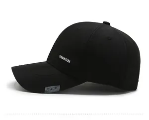 Detail of black baseball cap showing the side SPORT embroidery and reinforced stitching