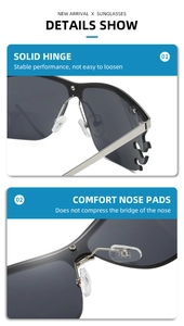 Detail view of flame sunglasses featuring solid hinges and comfortable nose pads
