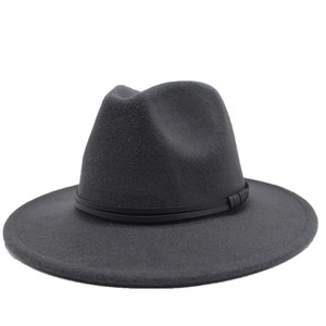 Detailed close-up of dark grey wool felt fedora hat with black decorative band