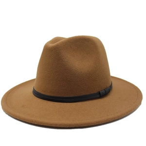 Detailed view of the brown wool fedora hat with a flat brim and black ribbon band