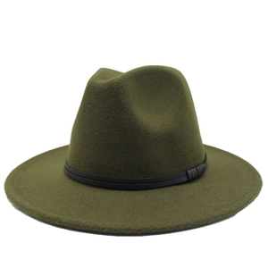 Close-up of army green wool felt fedora featuring a slim black leather decorative band