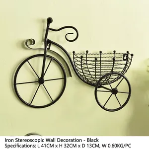 Retro black iron bicycle wall planter for home decor, 41x32cm vintage hanging flower basket