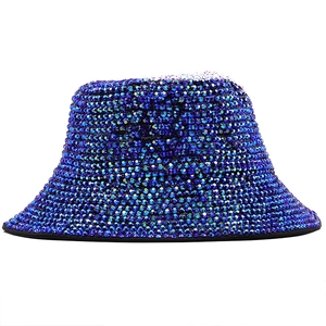 Sparkling stage bucket hat for women and men featuring blue and purple rhinestones