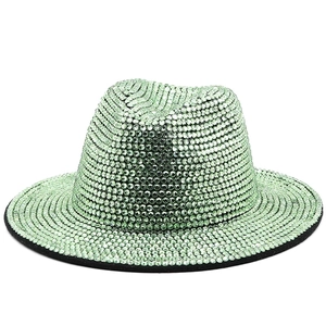 Green wool felt fedora hat with sparkling rhinestones for stage performance and fashion