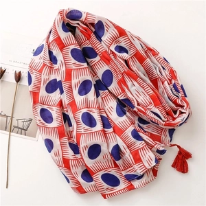Red and blue geometric pattern scarf with fringe, soft cotton linen feel beach shawl