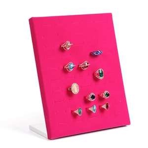 L-shaped jewelry display board in rose red velvet with 50 slots for ring collection