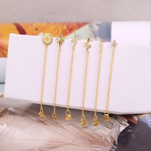 Set of 6 minimalist S925 sterling silver tassel chain earrings with sun and star charms