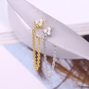 Detailed macro view of S925 sterling silver tassel earring with sparkling flower zirconias