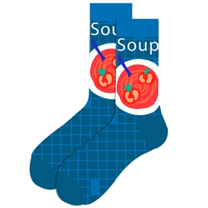 Close-up of blue crew socks featuring a red and white creative soup can pattern print