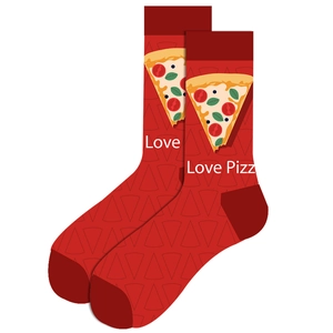 Detail of red crew socks with pizza patterns and Love Pizza lettering embroidery