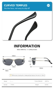 Detail of silver metal frame flame sunglasses showing ergonomic curved temples and size specs