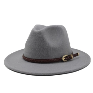Detailed top view of light grey wool fedora hat featuring a brown leather braided band