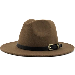 Detail of a brown wool fedora hat featuring a black leather band and gold metal buckle