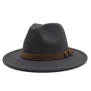 Detail of dark grey wool jazz fedora hat featuring brown faux leather band with zigzag stitching