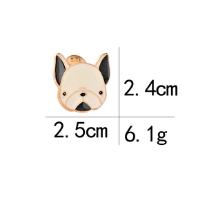 Detailed view of French Bulldog enamel pin showing dimensions 2.5cm by 2.4cm and 6.1g weight