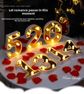 Detail view of 520 and 1314 golden LED marquee signs on romantic rose petals