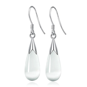 Elegant S925 sterling silver drop earrings with white teardrop cat eye stones on white background