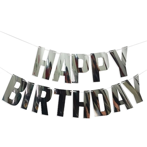Silver mirror finish Happy Birthday banner with metallic reflective party decorations